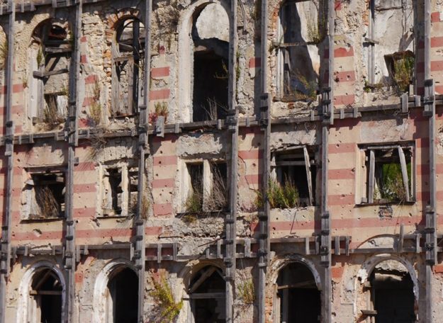 A destroyed building on the largely Bosnian side of the river.