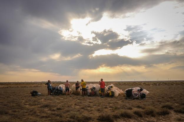 Sunset as we camp behind some rocks on the plains of the Kyzylkum desert in Kazakhstan