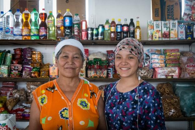 Two women in an indoor market in Karakalpakia