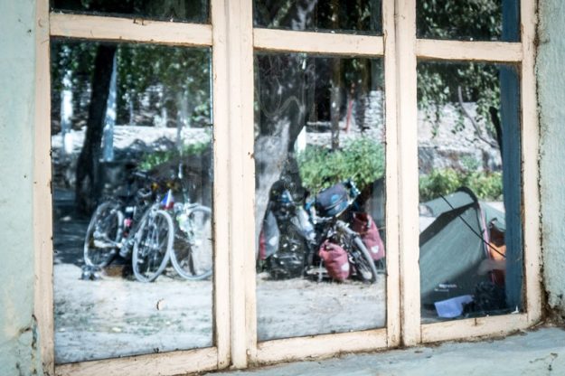 A reflection of our bicycles in the grounds of a restaurant
