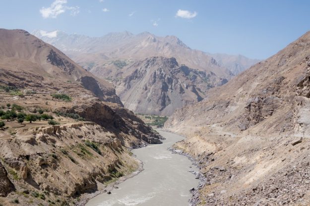 The river Panj surrounded by the mountains of Afghanistan and Tajikistan