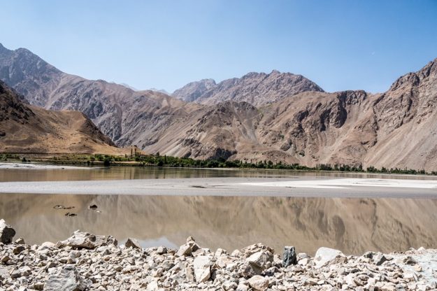 The river Panj between Afghanistan and Tajikistan at one of its widest points
