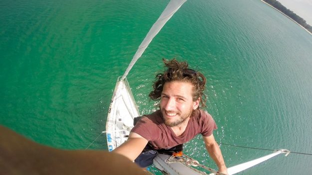 Up the mast on a sailing boat